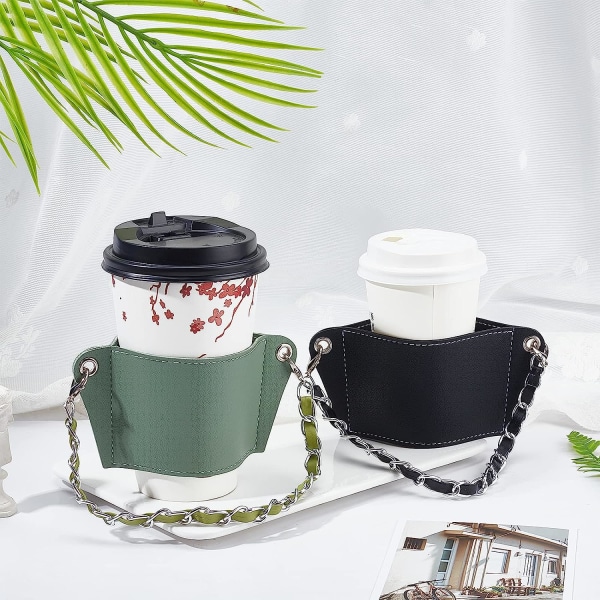 2 st läderkoppärm 2 färger återanvändbar anti-skållning kaffekoppärm med avtagbar järnhandtagskedja