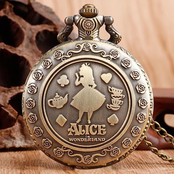 Alice i Eventyrland Tema 3D Bronze Effekt Kvinde Quartz Lommeur Kæde - På 32\" Tommer / 80cm Kæde