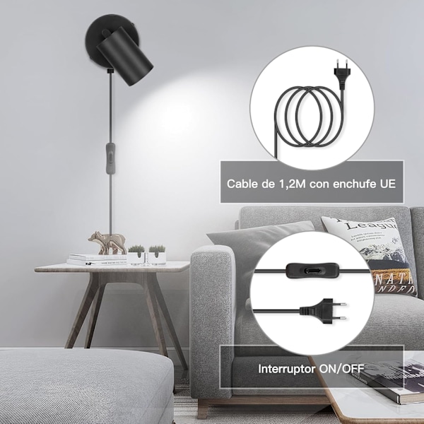 LED Vægslampe Sort - GU10 Vægskænke med Kabelprop og Afbryder Industriel Vægslampe Justerbar, til Soveværelse Gang (Uden Pærer) Azul claro