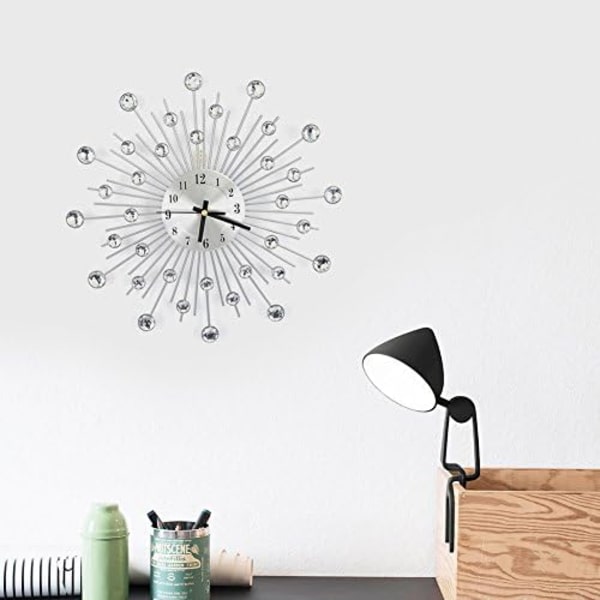 3D Kristallväggklocka, 30 cm, med gnistrande spegel och rund väggdekor i strass