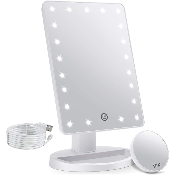 Spegel med lampor, 22 LED-lampor Justerbar dimningspeksensor, dubbel power , 180° rotation, bärbar kosmetisk spegel vit