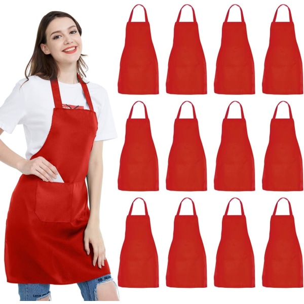 12-pack haklappsförkläde - Unisex rött förkläde Bulk med 2 rymliga fickor Maskintvättbar för kökspyssel BBQ-ritning