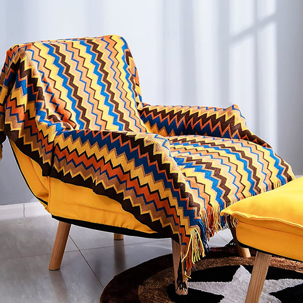 Strikket tæppe med kvaster Houndstooth Bohemian Check Cozy Woven Blanket Sofa Throws Varmt lænestolbetræk Tæppe, 130 * 230CM (inklusive kvaster)