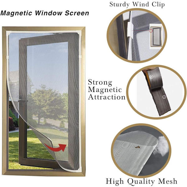Justerbar DIY Magnetisk Vinduesnet Max 100x125cm, Vaskbart Insektnet, Anti Myg (Hvid Ramme Gråt Net)
