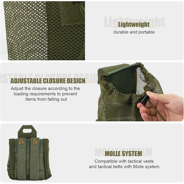 Sammenleggbar Mesh-pose med snor Multifunksjonell verktøypose Gjenvinningspose Dumppose for belte vest ryggsekk utendørsaktiviteter Army Green