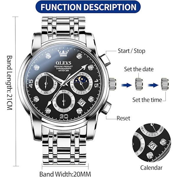 OLEVS Herrklocka Chronograf, Vattentät Multifunktionell Urtavla med Datum Diamantklockor för Män Black Dial/Silver Band