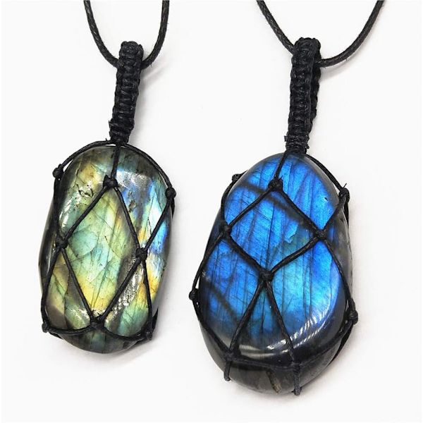 Naturlig Labradorit Kristall Halsband Healing Chakra Hänge med Handvävd Rep Labradorit Palmsten Månsten Healing