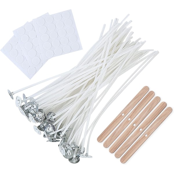 100 Pcs Cotton Candle Wicks 9cm, Pre-Waxed Low Smoke Candle Making Kits with 5 Candle Wick Holders and 60 Glue Dots.