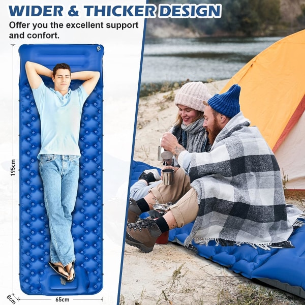 Ultralätt uppblåsbar liggunderlag, vattentät läckagesäker uppblåsande enkelsäng, bärbar luftdyna för packning, camping, resor (blå)