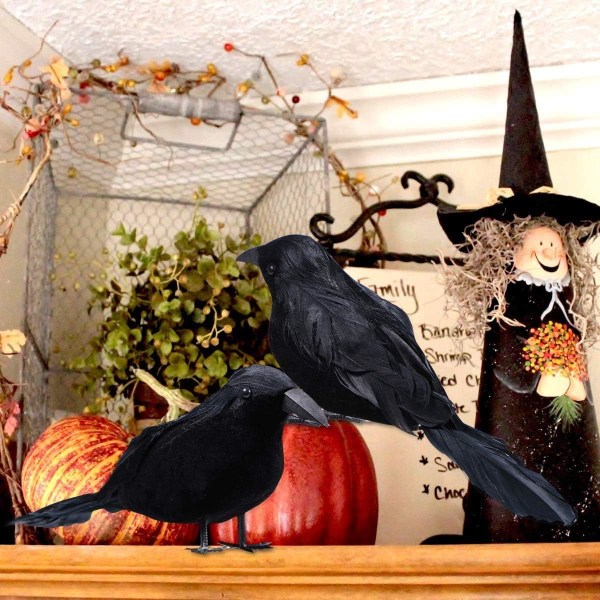 6-pack Halloween svarta fjäderkråkor, halloweendekorationer Realistiska fågel Halloween korpar dekorrekvisita