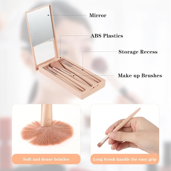 Rejse Makeup Børstesæt 5 stk. Mini Makeup Børster Professionelle Kosmetiske Værktøjer med Etui Spejl (Abrikos)