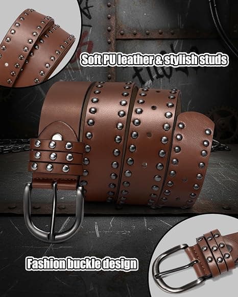 Nitbälte i läder för kvinnor, Punk Goth Grunge Bälte, Emo Bälte för Jeans Byxor Klänningar, 107cm, Brun Brown