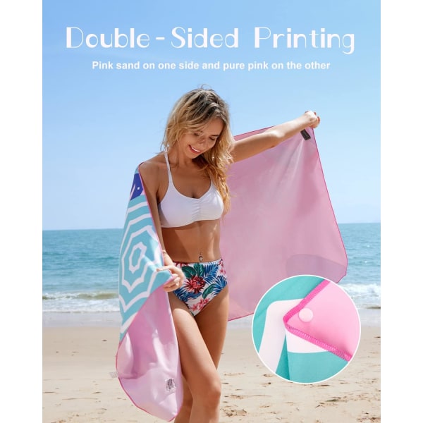 Strandhandduk med UV-etiketter, Strandmatta, Mikrofibermaterial, Sandfri, Lämplig storlek (180×90cm), Snabbtorkande, Elastisk repdesign, Förvaringsväska, Rosa