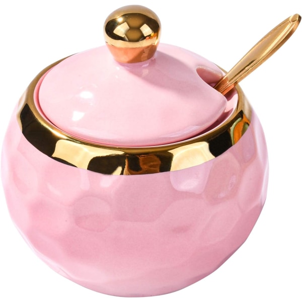 Ceramic Sugar Bowl, Golf Shaped, Ceramic Sugar Bowl with Lid and Golden Spoon for Home and Kitchen (Pink)