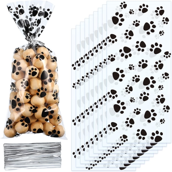 100 stycken Pet Paw Print Cone Cellofanpåsar Värmeförslutbara godispåsar Dog Paw Presentpåsar