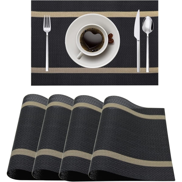 Bordsunderlägg, bordsunderlägg Set med 4, vävda plastunderlägg, tvättbara halksäkra, värmebeständiga bordsunderlägg för köket Restaurang 18"X12" (svart)