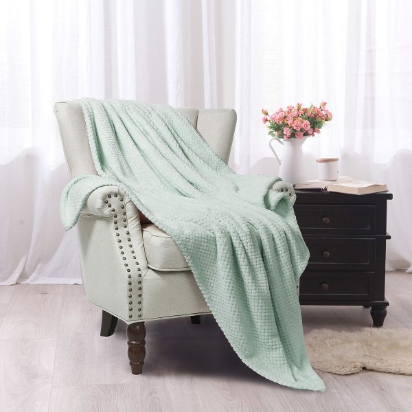 Flanellpledd, 127x178 CM mykt sofapledd, vaffelpledd i fleece til sofa, mintgrønt teppe