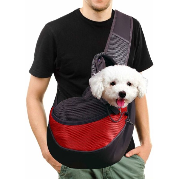 Hundsele, Katt Husdjur Hund Bärväska Justerbar Axelväska Andningsbar Mesh Bärväska - För Valpar Under 5kg, 37 x 29 x 25 cm (L, Röd)