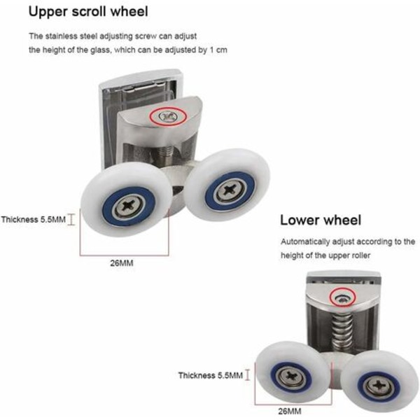 4-pack duschdörrrullar 2 upp och ner rullar 26mm zinklegering duschdörr ersättningskit