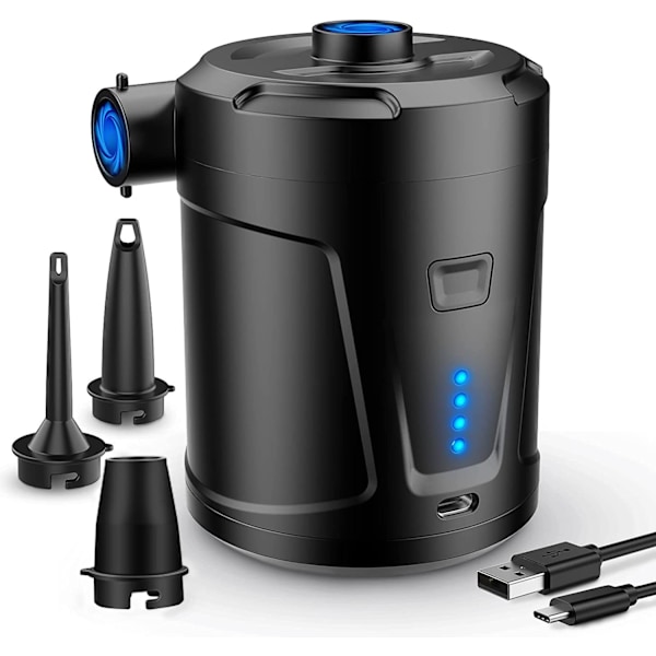 Elektrisk Luftpumpe, 6000 mAh Bærbar Luftmadrasspumpe, 4.5Kpa Elektriske Pumpe for Camping med 5 Dyser, Oppblåser USB Oppladbar Pumpe
