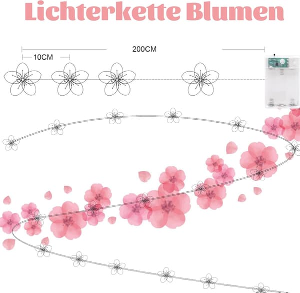 Dekorativa LED Körsbärsblom Slinga 2m Med 20 LED Batterier Med Timerfunktion - För Inomhusbruk