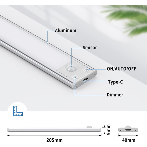 Skablys, 6000K genopladelig LED-belysning til indendørs skabe, trådløs, magnetisk, dæmpbar LED-lys med bevægelsessensor