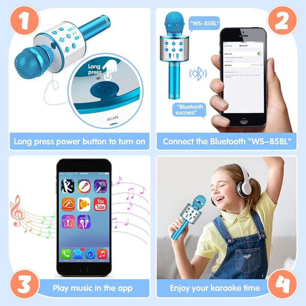 Trådlös Bluetooth-mikrofon för barn, Karaoke-mikrofon för Android/iPhone/iPad/Sony/PC - Bästa presenter för 4-12 år gamla flickor/pojkar (Blå)