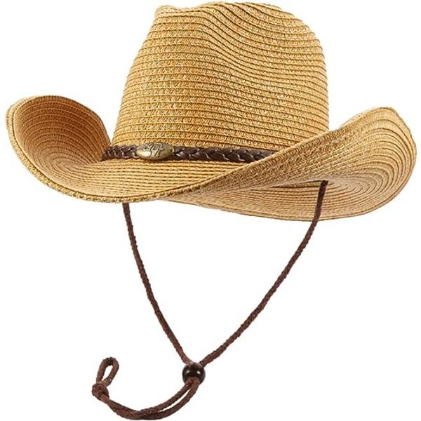Västerländsk cowboyhatt (med rep) för kvinnor och män med hopfällbar sommar solskydd halmhatt bredbrättad hatt, khaki