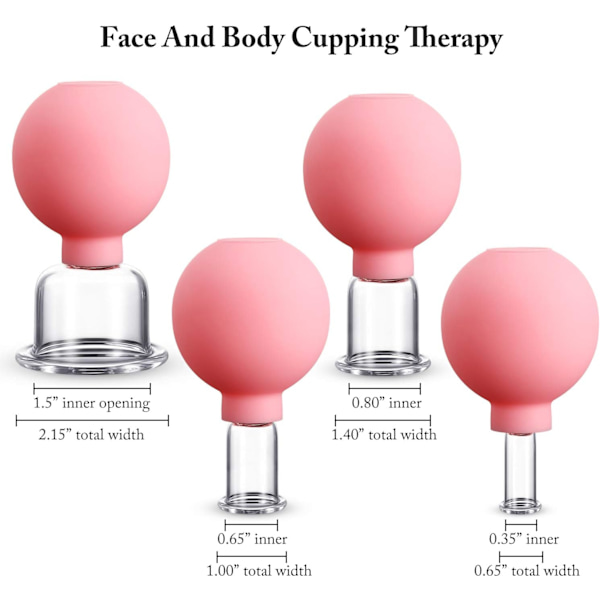 4-pack glaskoppar för massage med vakuumsugkoppar för kropp, ansikte, ben och armar (rosa)