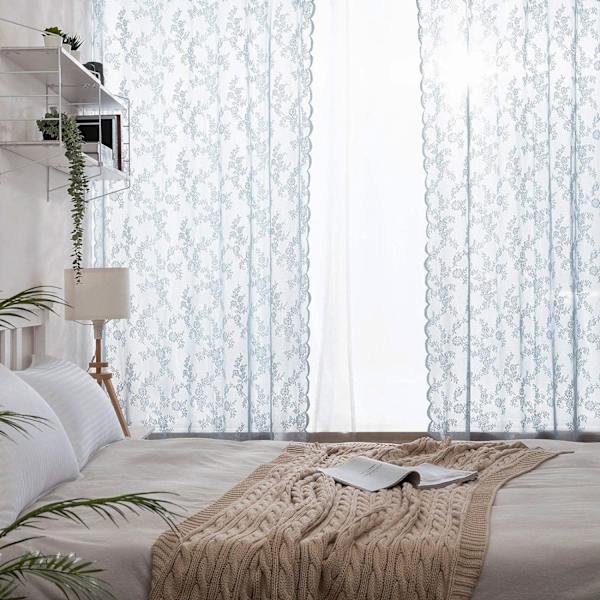 Blonde Gardin - Blomsterbroderet Gennemsigtig Blonde Gardiner med Takkede Kanter, 2X145x245CM