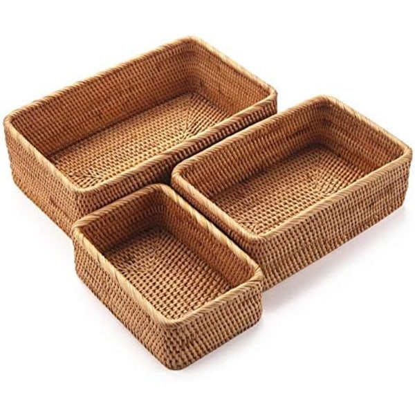 Rectangular Rattan Storage Basket, Wicker Fruit Basket, Natural Braided Organizer for Kitchen/Dining Room (Set of 3)