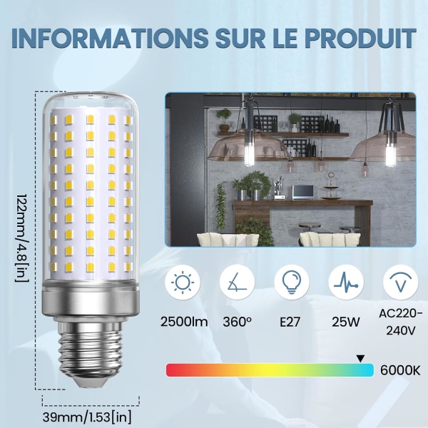 LED Majs Pære E27 Koldt Hvid 6000K, 1800LM, Svarer til 200W Halogen Pære, Majs Pære E27 Led Lys, (Ikke-Dæmpbar, 3-Pak)