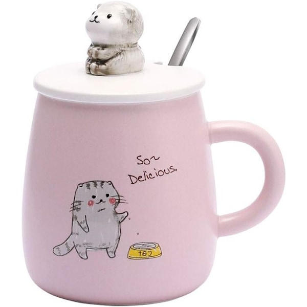 Kattmugg, söt kaffemugg i keramik, med 3D-formad kattlock och sked, för te, mjölk, varm choklad, födelsedagspresent till flickor och kvinnor 10x8cm (rosa)