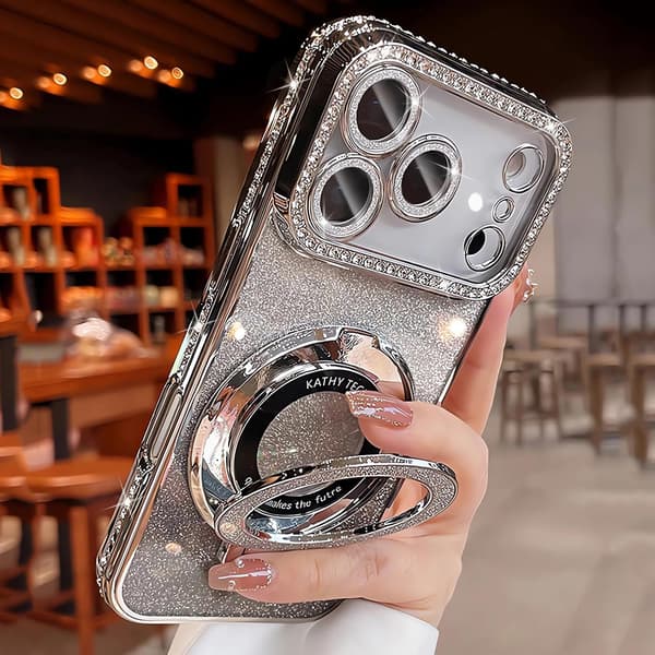 Magneettinen jalusta iPhone 17 Pro -suojakuorelle kimaltelevalla kortilla, hopea Silver iPhone17PRO
