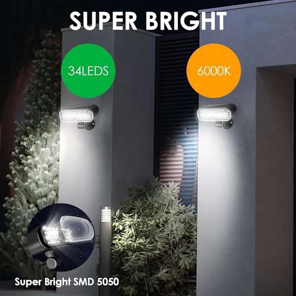 Solcellsdrivna Utomhuslampor, 2-pack Solcellsdrivna Utomhuslampor med Rörelsesensor, IP65 Vattentät, 120° Sensor Utomhus Solcellslampa, [Energiklass D]