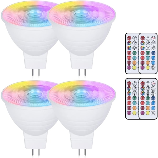 Pakke med 4 MR16 3W farveskiftende GU5.3 LED-pærer, AC/DC 220V, dæmpbar RGB + varm hvid 3000K, med fjernbetjening Reflektor