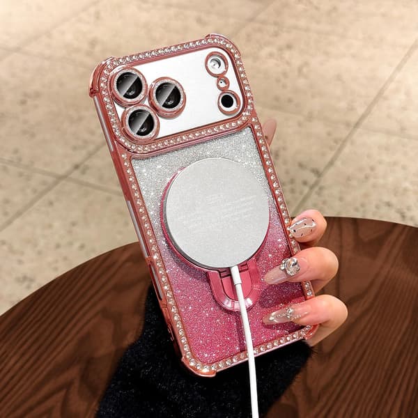Magnetisk stativ for iPhone 18 Pro-deksel med glitterkort, myk TPU-støtfanger med diamanter, rosa Pink iPhone18PRO