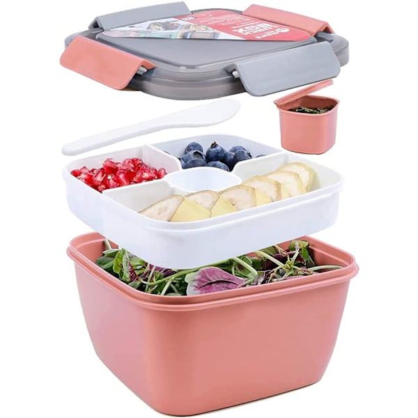 1,5 L Salladsbehållare Lunchbehållare, BPA-fri, 3 fack, med dressingbehållare, inbyggd återanvändbar sked (rosa)