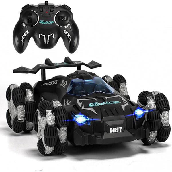 Fjernstyret bil til børn, 2,4 GHz RC-bil med LED-lys, 360° rotations spray driftbil med genopladeligt batteri, 4WD høj hastighed 20 km/t RC