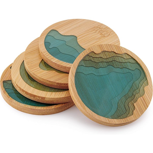 Round Ocean Wave Epoxiharts och Bamboo Underlägg Drycksmatta - 5 Pack