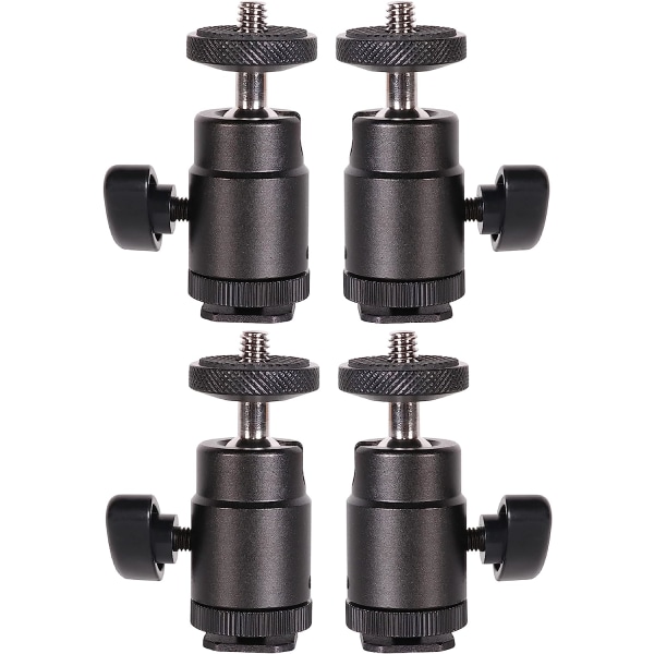 Mini kulledshuvud med blixtskoadapter och 1/4-tums skruvadapter för DSLR-kamera, monitor, videokamera, blixt, stativ, lampstativ (4-pack)