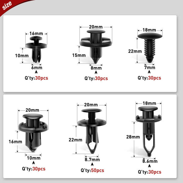 200 st bilhållarklämmor 6 mm 7 mm 8 mm 9 mm 10 mm ersättningssats för expansionsskruvar för GM Ford Toyota Honda Chrysler Nissan