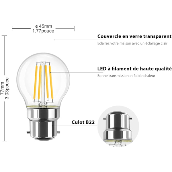 6W LED-glödlampa i Bayonnate G45 B22, 2700K varmvit, 806Lm, vintageglödlampa, ej dimbar, 6-pack [Energiklass D]