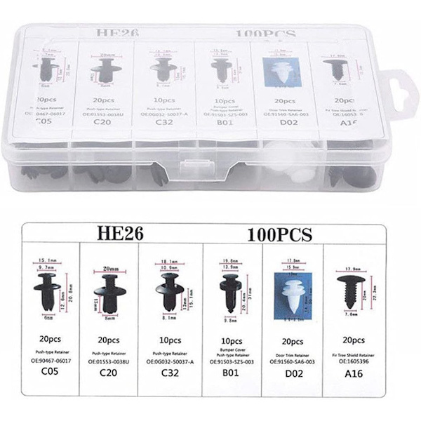 100 stk. nitteclips i plast - Universal nitteclips i plast - Clips til bilens kofanger - Fasteners til nitteclips - Udskiftningssæt til nitteclips