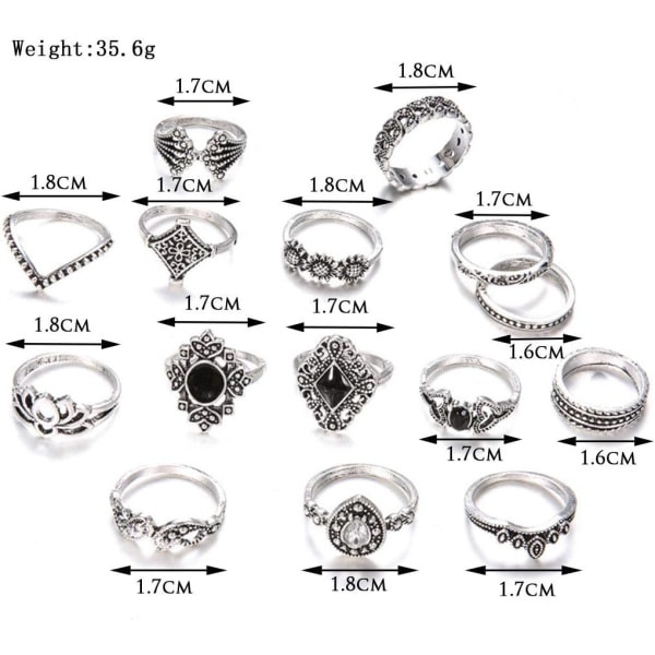 Crystal Ring Silver Joint Knuckle Rings Set Stacking Smycken Ring för kvinnor och flickor (15 st)