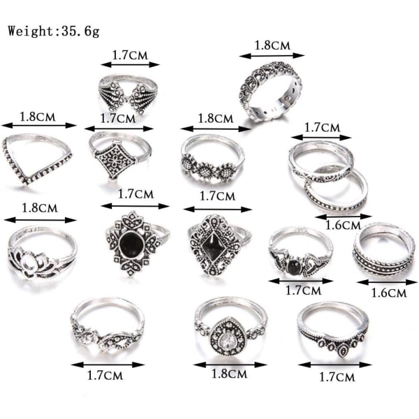 Kristallring Silver Joint Knuckle Rings Set Stacking Smycken Ring för Kvinnor och Flickor(15Pcs)