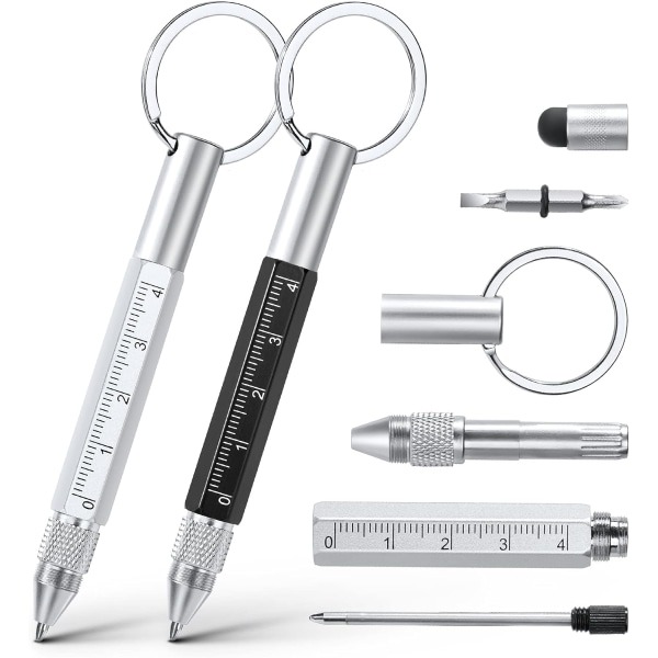Multi Tool Pen, Grandpa Multi Tool Gadget Present, Inkluderar kulspetspenna, pekskärmspenna, linjal, nyckelring (svart + silver)