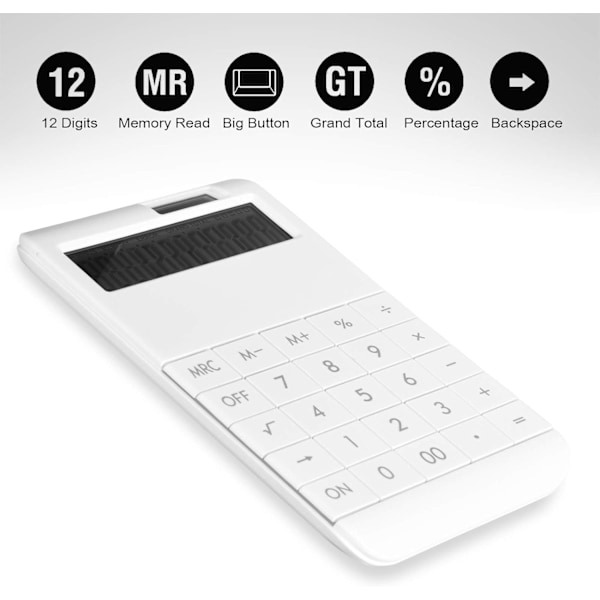 Pöytälaskin, vakiotoiminto, 12-numeroinen LCD-näyttö, suuri näyttö ja isot näppäimet, paristo-/aurinkokäyttöinen White