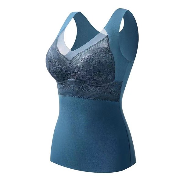 Termisk underkläder spets damunderkläder bh vinter spets bh bygel tröja med kupa V-ringning termisk fleece underkläder blue XL (100-120 pounds)
