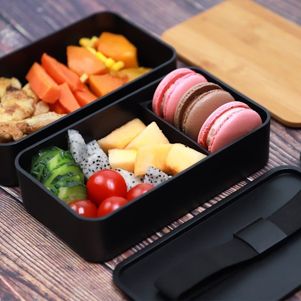 Japansk lunchlåda med fack 3-delad bestick lunchlåda med bambulock för skola och arbete